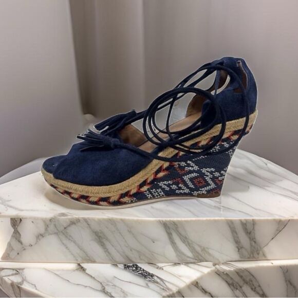 Cabi Isla Espadrille Lace-Up Wedge Sandals Navy Suede - Picture 1 of 11
